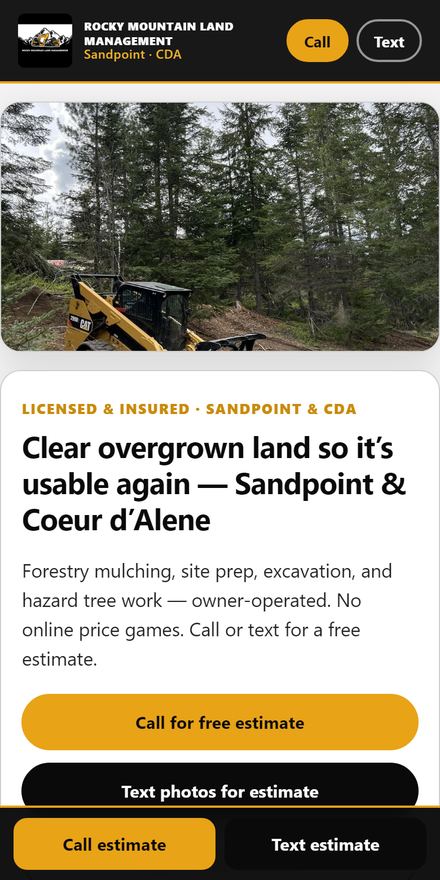 Mobile website for Rocky Mountain Land Management — forestry mulching and land work in Sandpoint